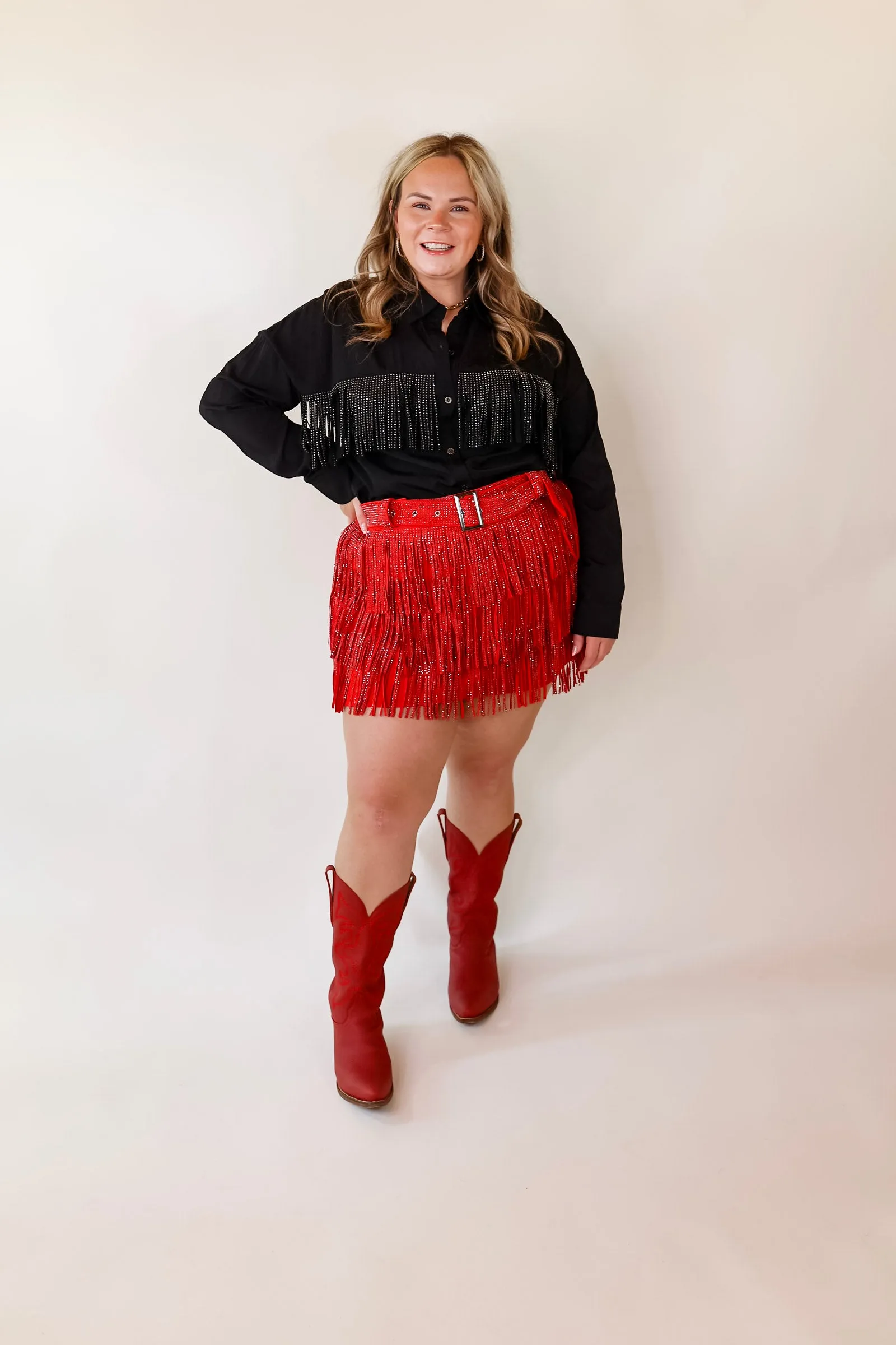All That Shimmers Crystal Fringe Button Up Top with Long Sleeves in Black