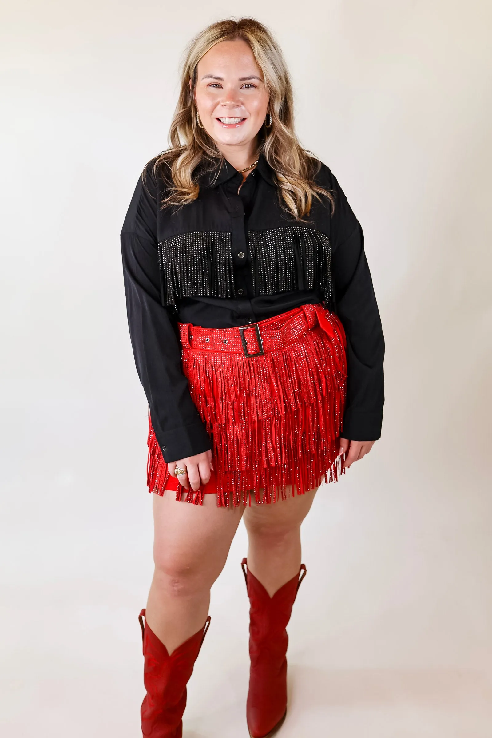 All That Shimmers Crystal Fringe Button Up Top with Long Sleeves in Black