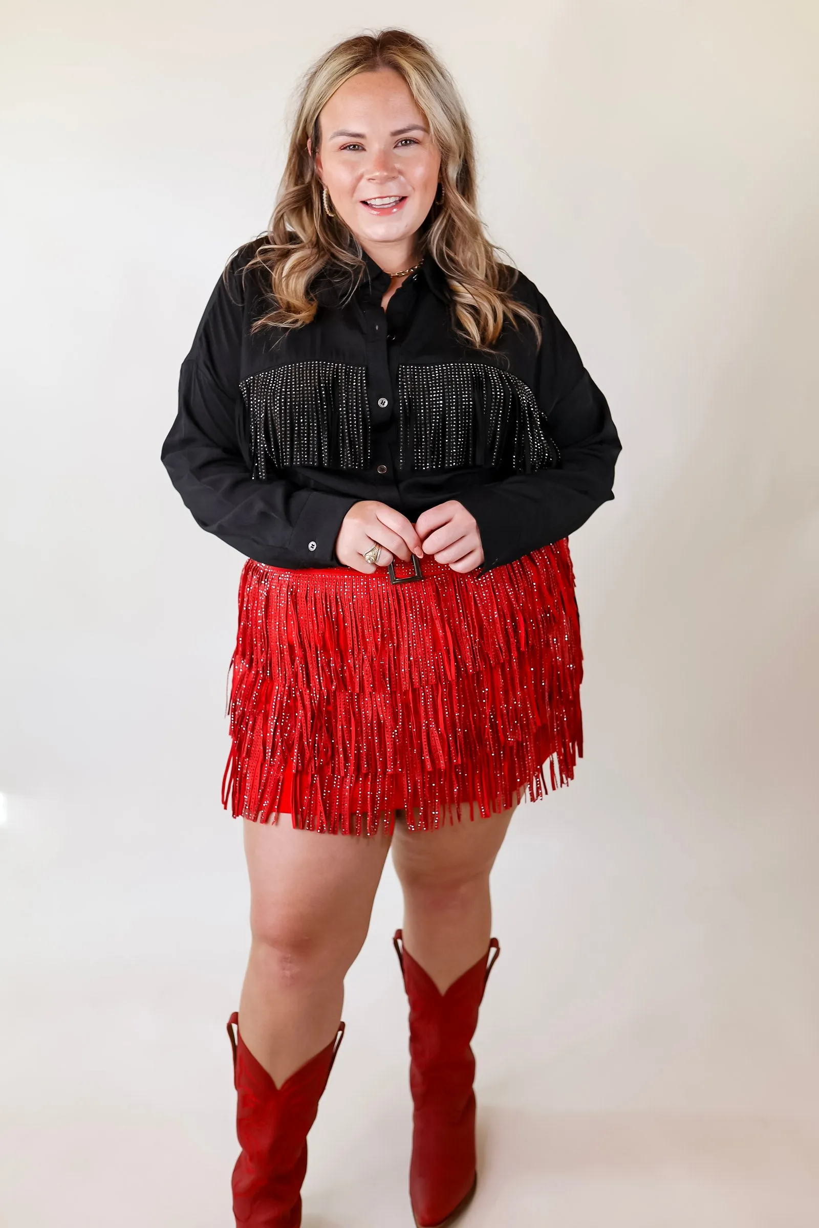 All That Shimmers Crystal Fringe Button Up Top with Long Sleeves in Black