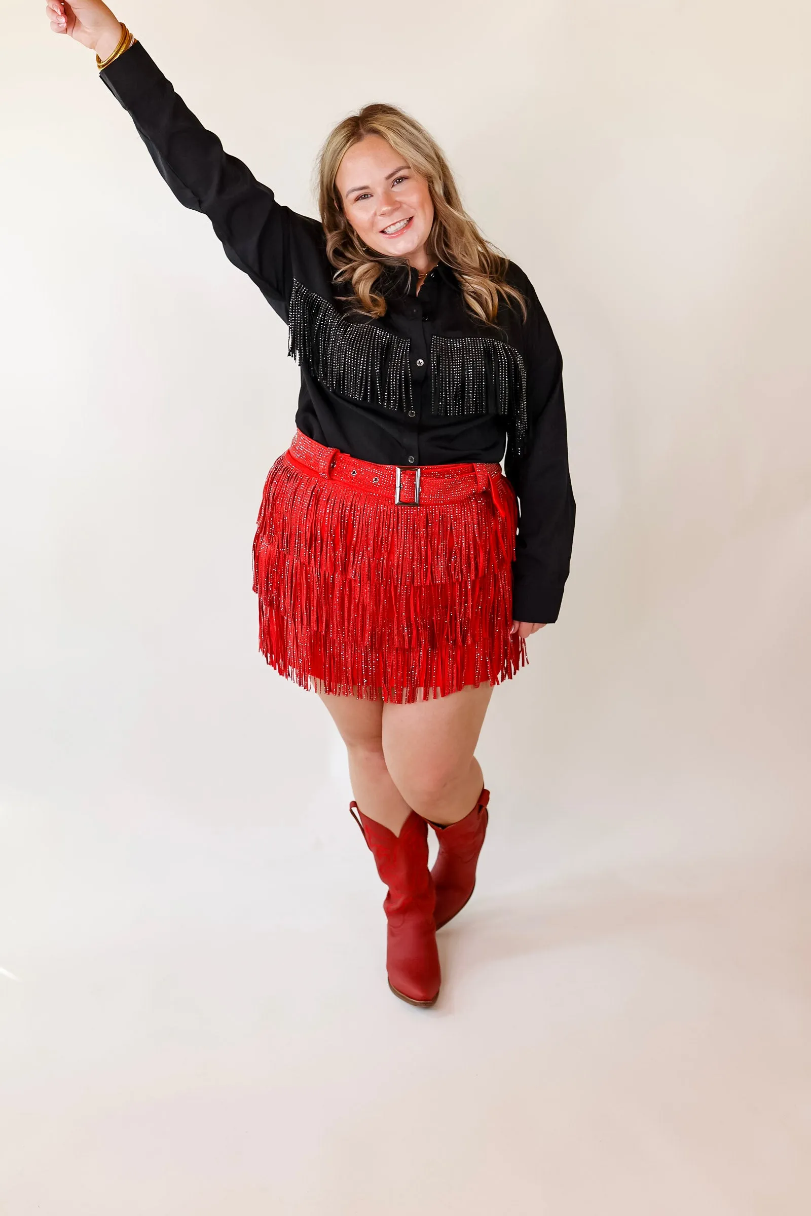 All That Shimmers Crystal Fringe Button Up Top with Long Sleeves in Black