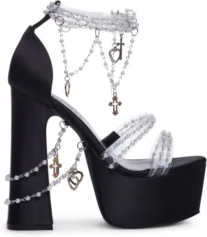 Dolls Kill Holy Revelation Platform Heels by Sugar Thrillz, Velvet Heels with Pearl Beads & Adjustable Straps
