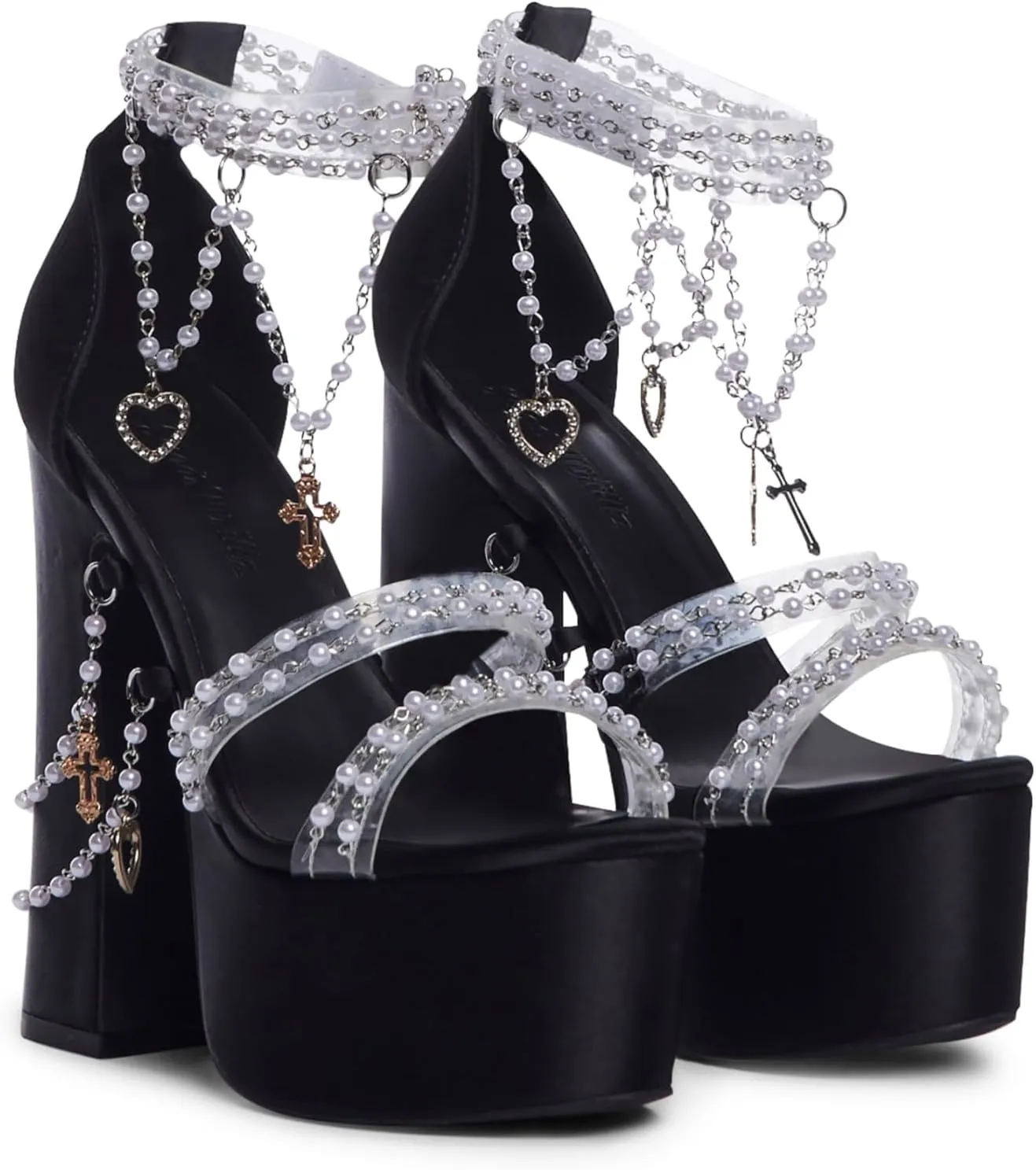 Dolls Kill Holy Revelation Platform Heels by Sugar Thrillz, Velvet Heels with Pearl Beads & Adjustable Straps