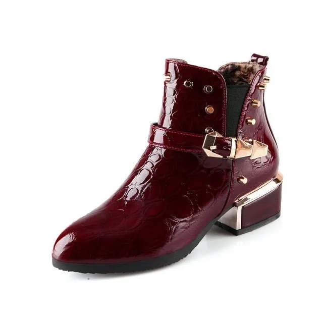 Exotic Alligator Texture Square Heel Leather Booties