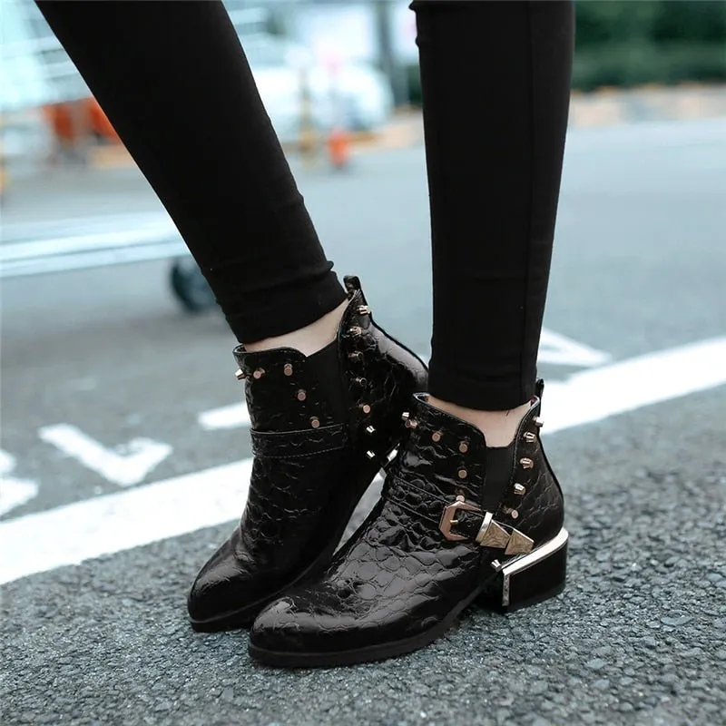 Exotic Alligator Texture Square Heel Leather Booties