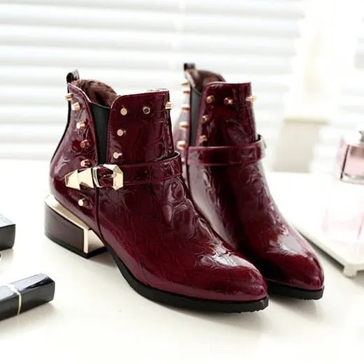 Exotic Alligator Texture Square Heel Leather Booties
