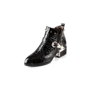 Exotic Alligator Texture Square Heel Leather Booties