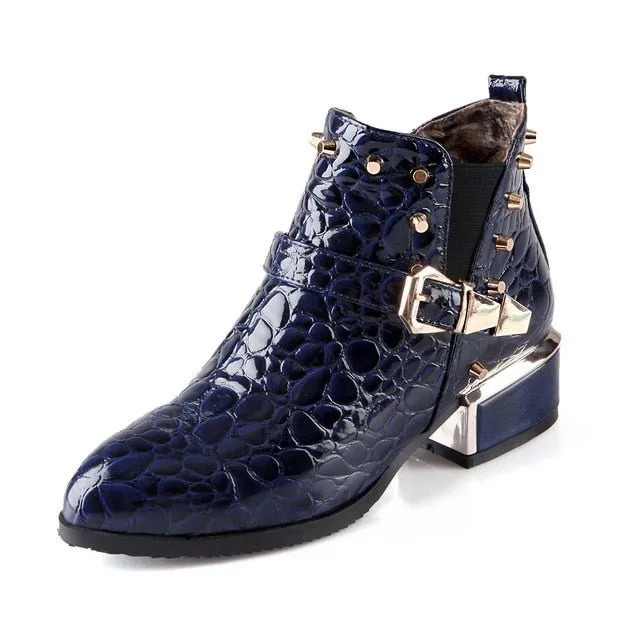 Exotic Alligator Texture Square Heel Leather Booties