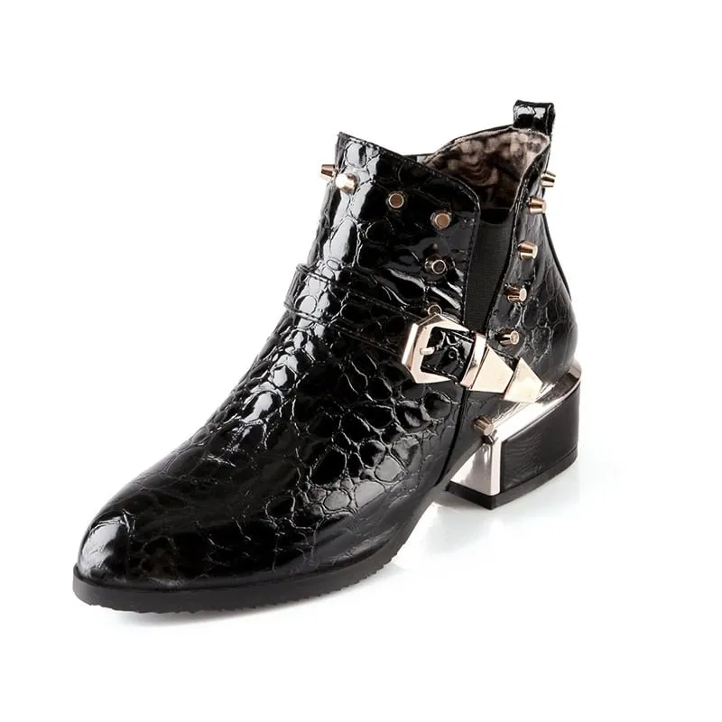 Exotic Alligator Texture Square Heel Leather Booties