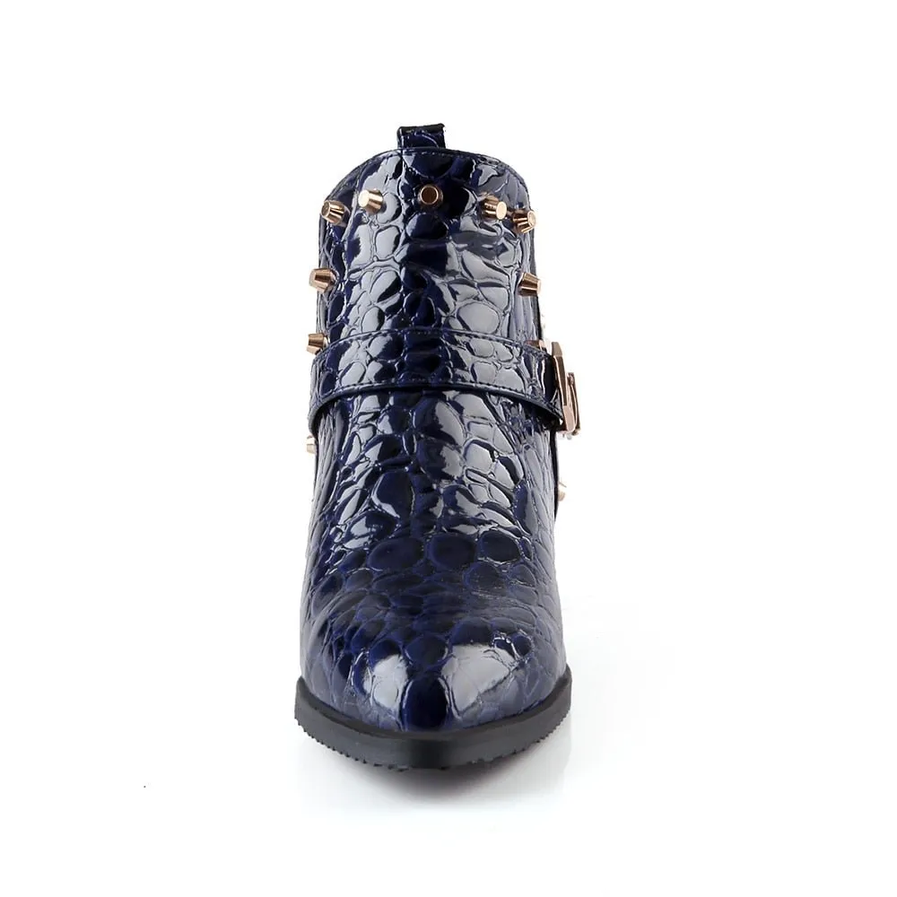 Exotic Alligator Texture Square Heel Leather Booties