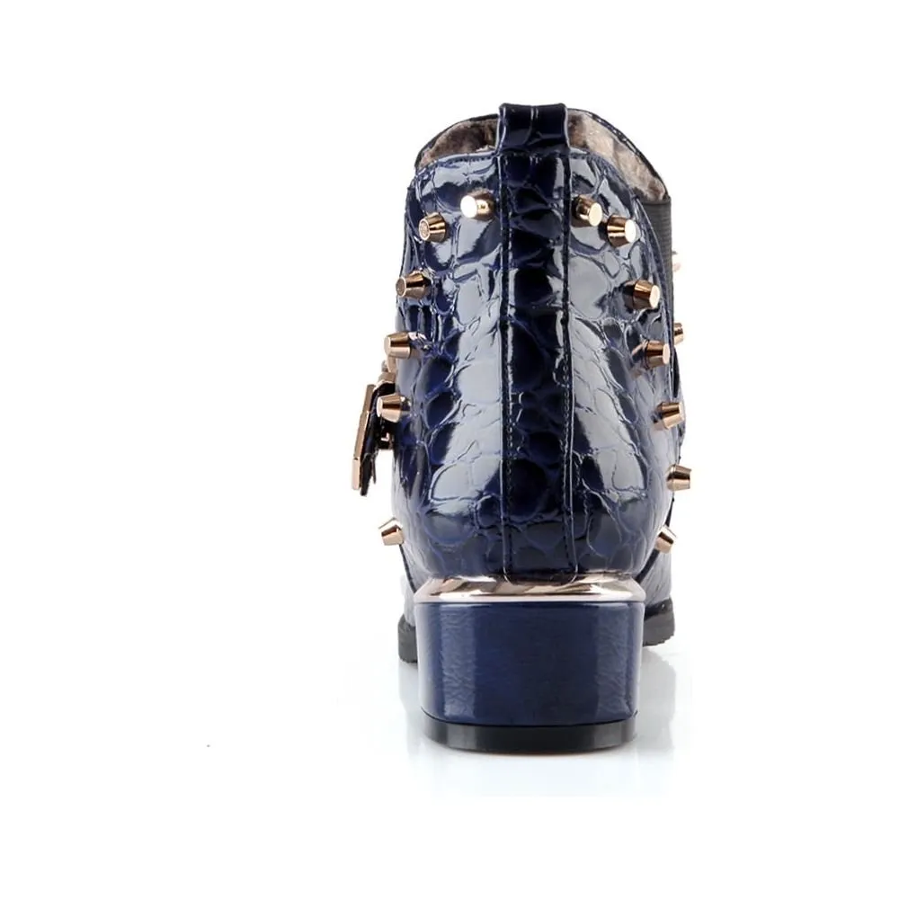 Exotic Alligator Texture Square Heel Leather Booties