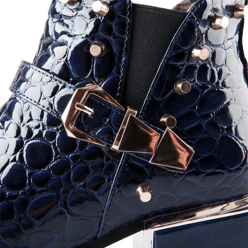 Exotic Alligator Texture Square Heel Leather Booties
