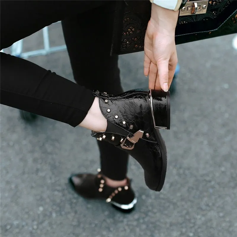 Exotic Alligator Texture Square Heel Leather Booties