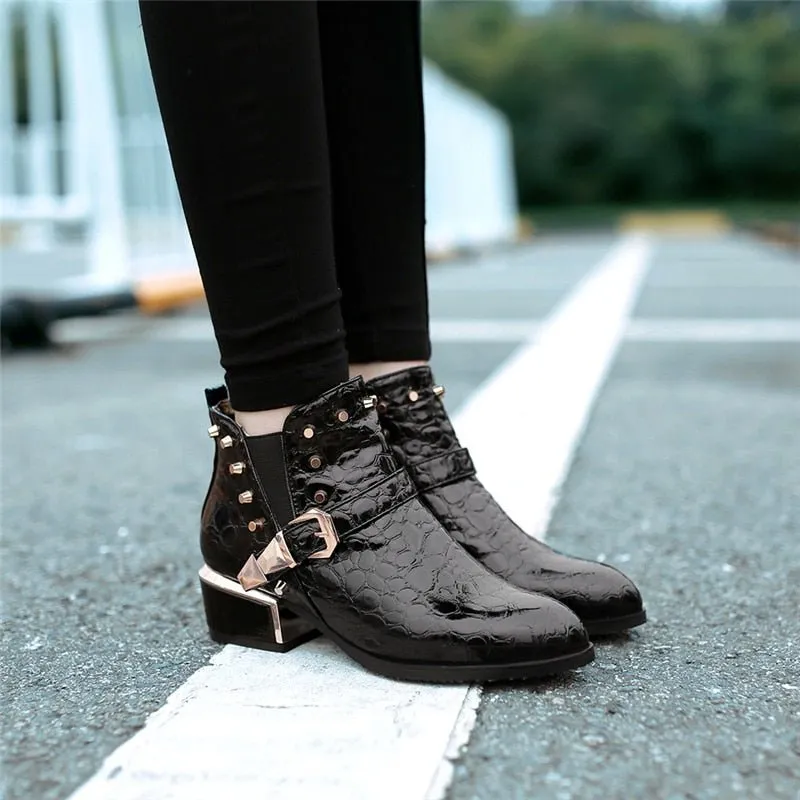 Exotic Alligator Texture Square Heel Leather Booties