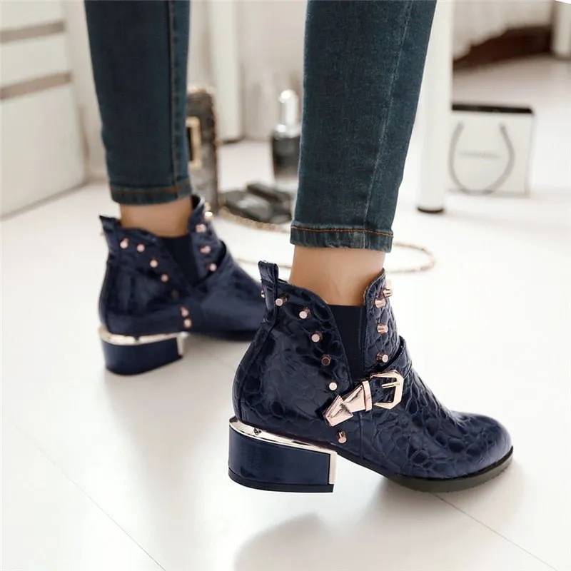 Exotic Alligator Texture Square Heel Leather Booties