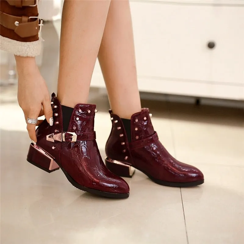 Exotic Alligator Texture Square Heel Leather Booties