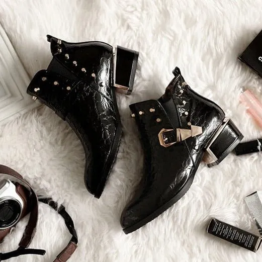 Exotic Alligator Texture Square Heel Leather Booties