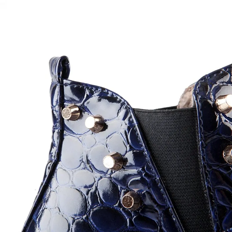 Exotic Alligator Texture Square Heel Leather Booties