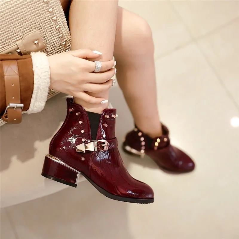 Exotic Alligator Texture Square Heel Leather Booties