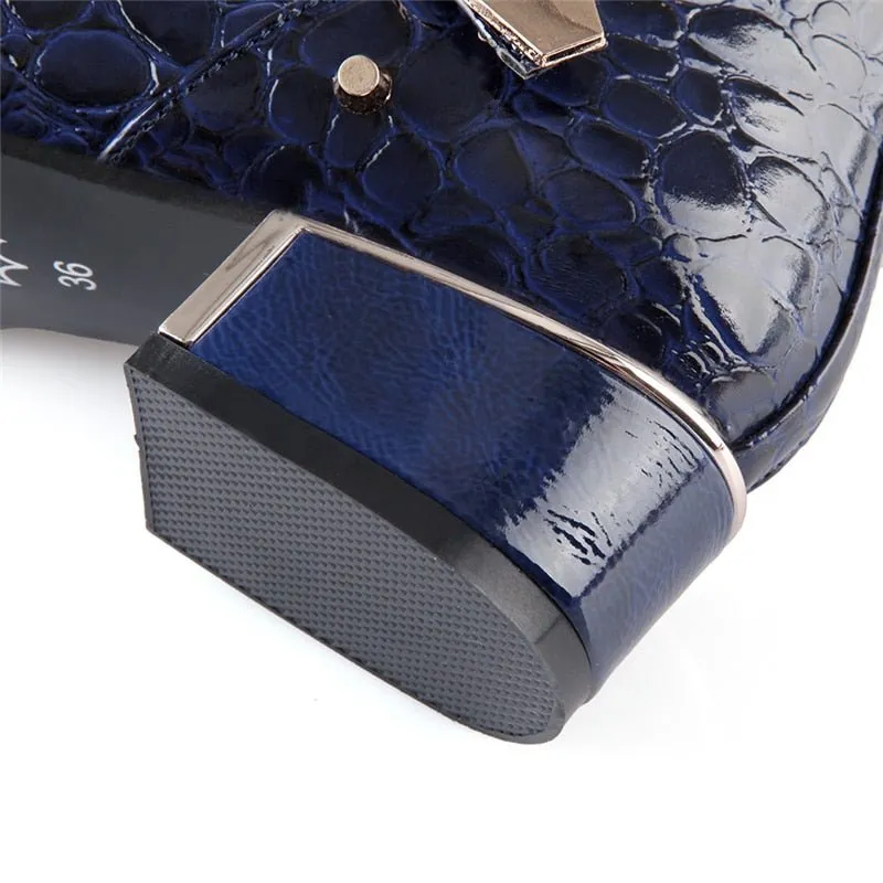 Exotic Alligator Texture Square Heel Leather Booties