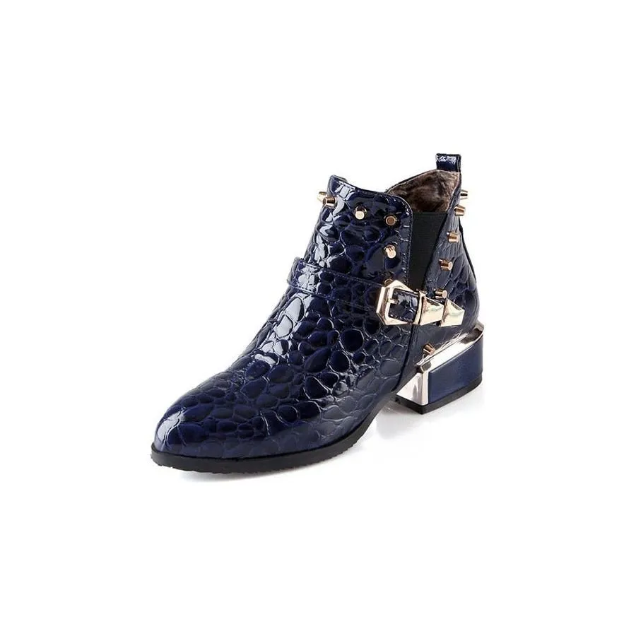 Exotic Alligator Texture Square Heel Leather Booties