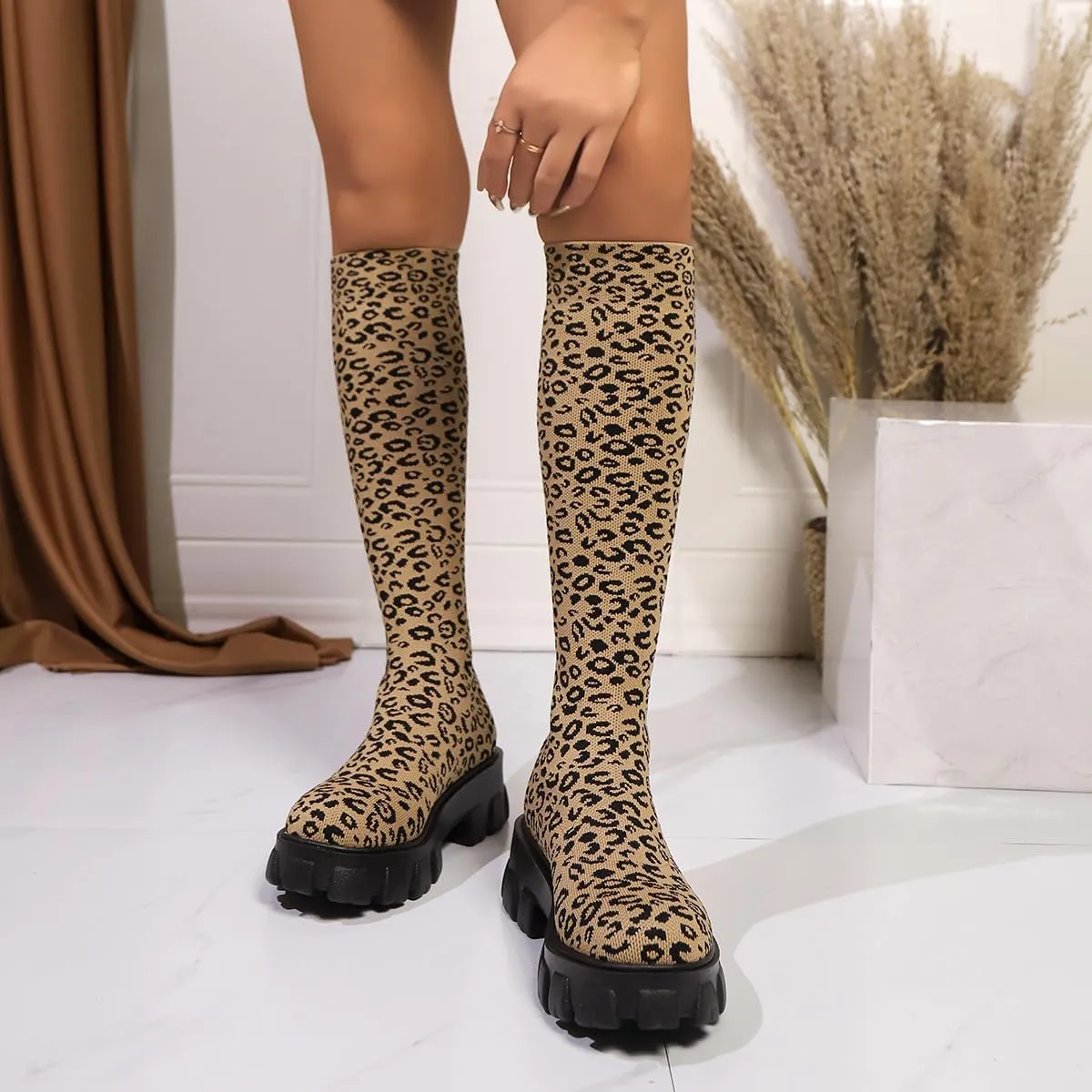 Fashion Platform Boots Mid Calf Stretch Go go Boots Knee High Low Heel 1-2"
