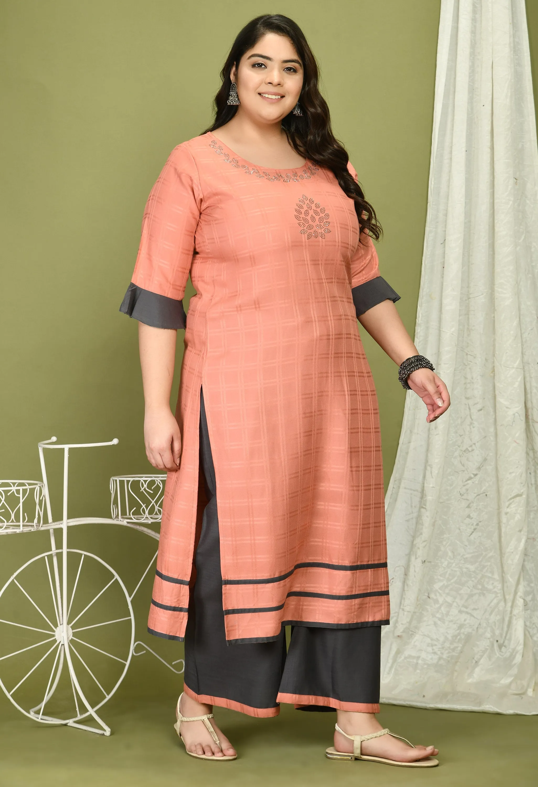 Plus Size Self Design Pink Kurta Palazzo Set