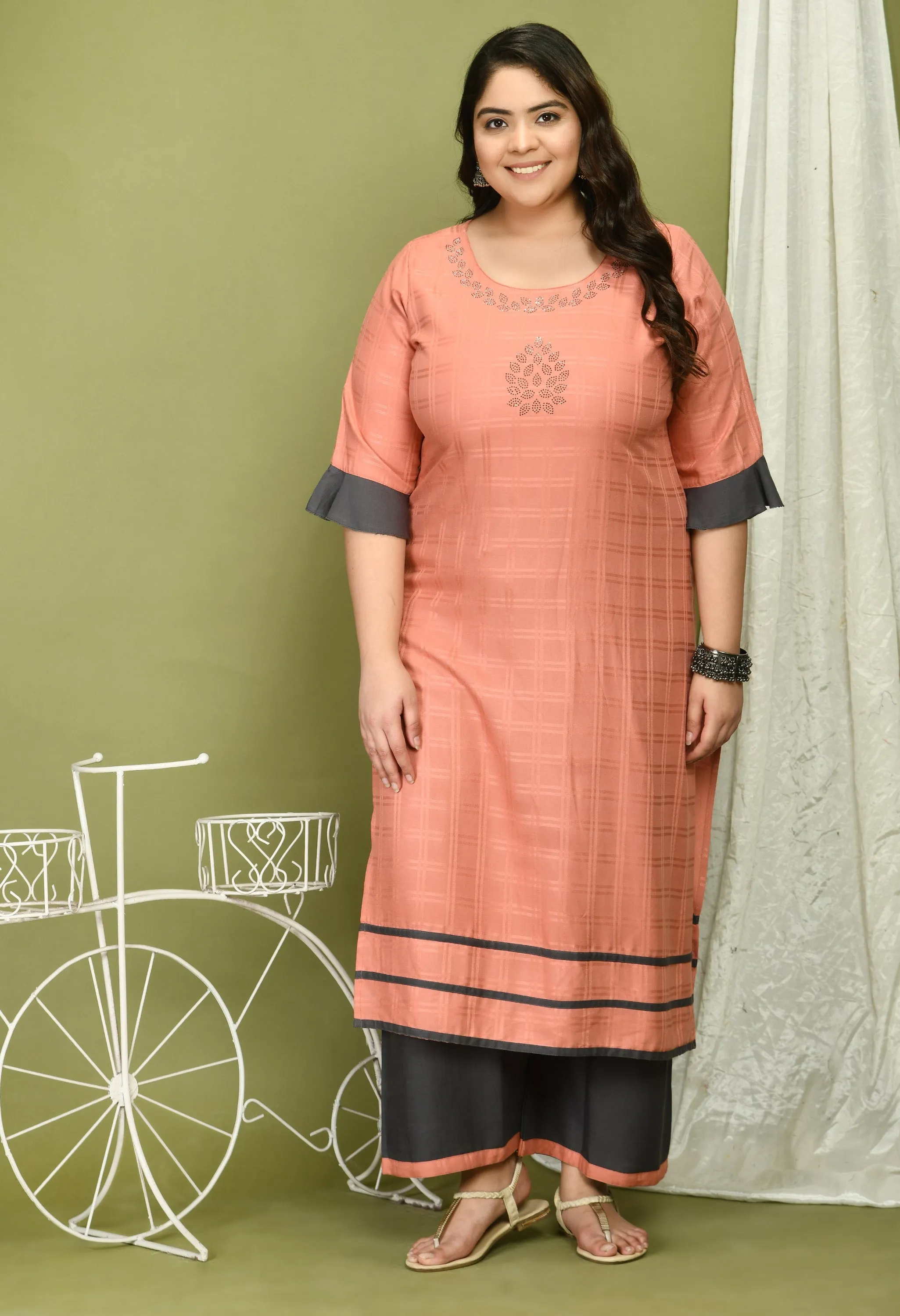 Plus Size Self Design Pink Kurta Palazzo Set