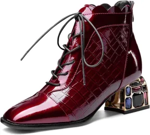 TinaCus Women's Glossy Patent Leather Handmade Colorful Crystal Mid Chunky Heel Round Toe Back Zipper Ankle Boots with Selftie
