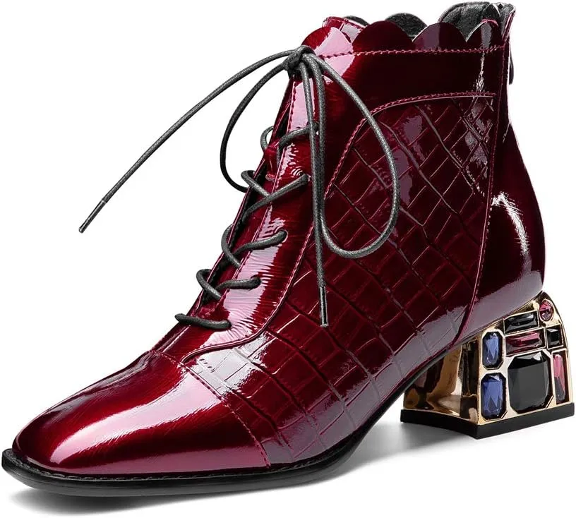 TinaCus Women's Glossy Patent Leather Handmade Colorful Crystal Mid Chunky Heel Round Toe Back Zipper Ankle Boots with Selftie
