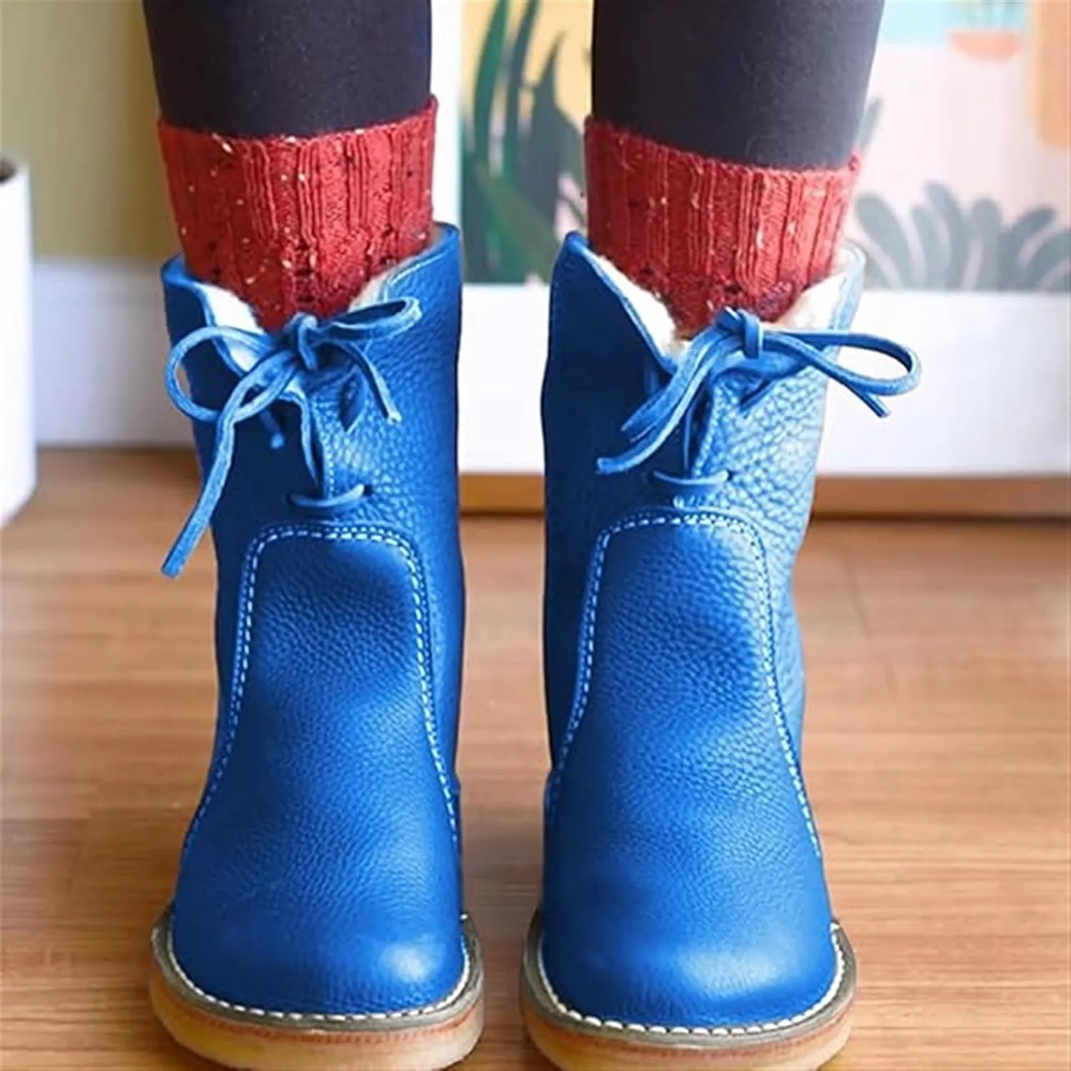 Women's Mid Calf Ankle Bootie Winter Round Toe Lace up Platform Sneaker Slip On Waterproof Warm Snow boots for Sports, Daily, Traveling, Climbing