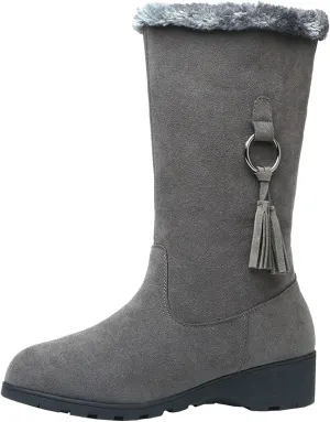 Women's Mid Length Boots Winter New European and Snow Boots Women's and Thick Insulation Snow Boots for Women with Bows (Grey, 7)