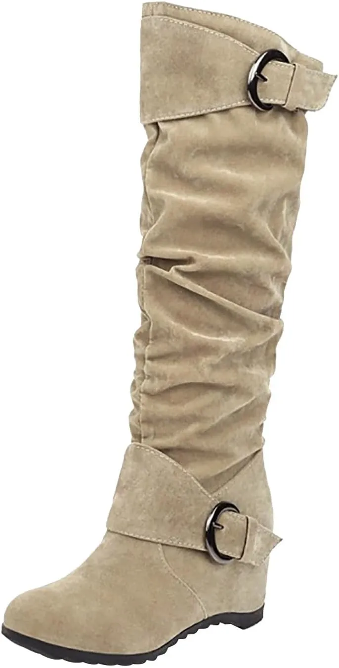 Women's Wedge Heel Knee High Boots High Heel Winter Boots Comfortable Pull on Slouch Buckle Riding Boots