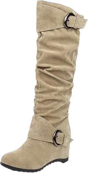 Women's Wedge Heel Knee High Boots High Heel Winter Boots Comfortable Pull on Slouch Buckle Riding Boots