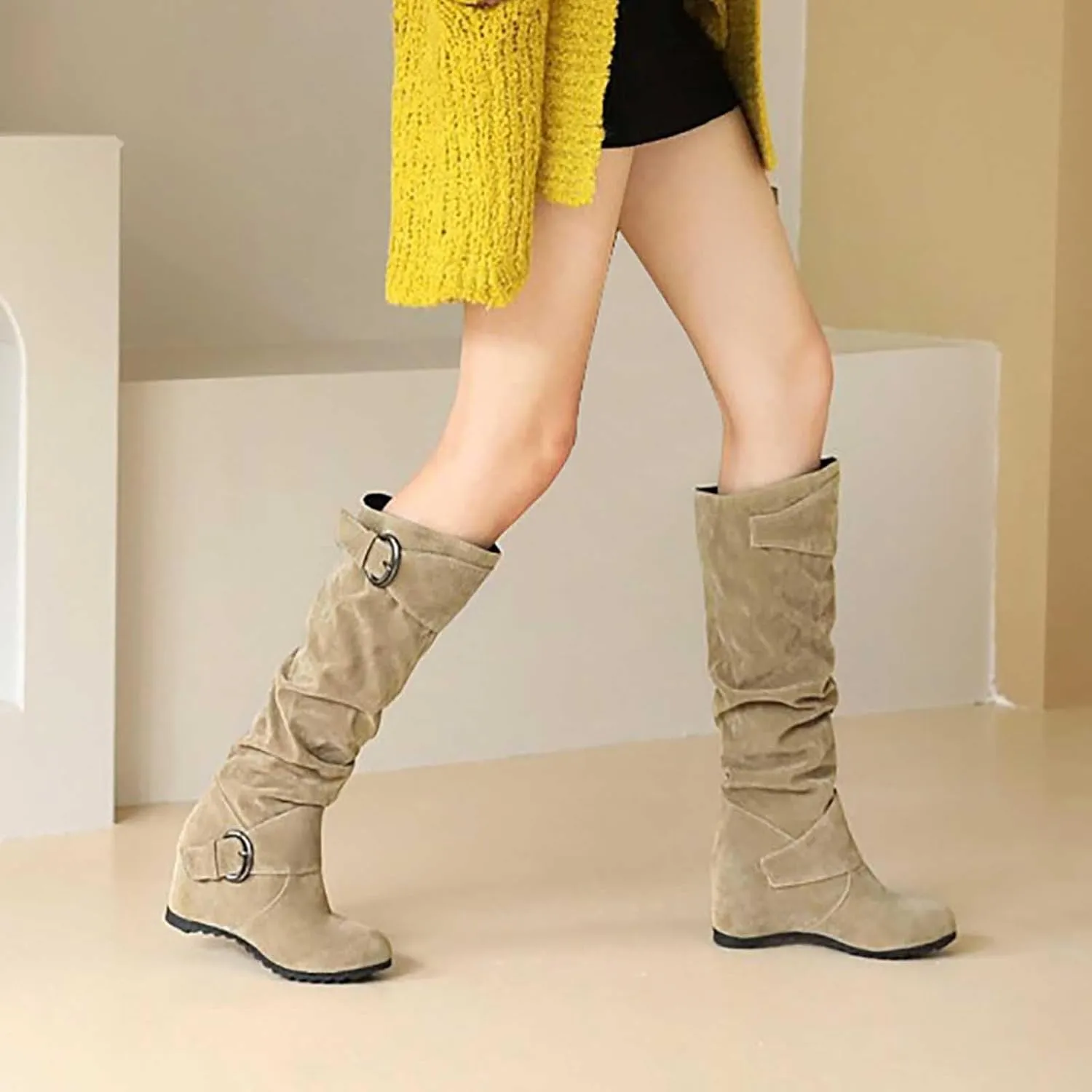 Women's Wedge Heel Knee High Boots High Heel Winter Boots Comfortable Pull on Slouch Buckle Riding Boots