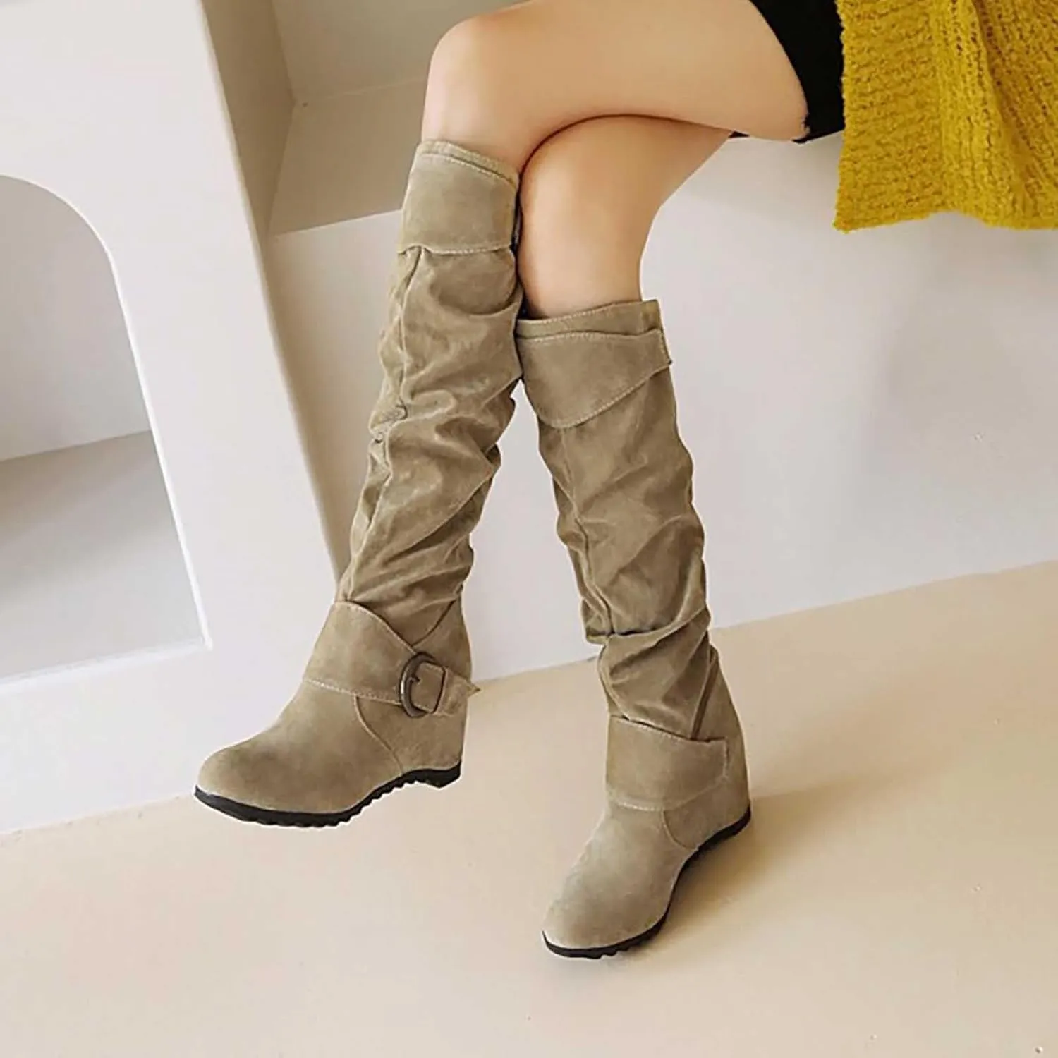 Women's Wedge Heel Knee High Boots High Heel Winter Boots Comfortable Pull on Slouch Buckle Riding Boots