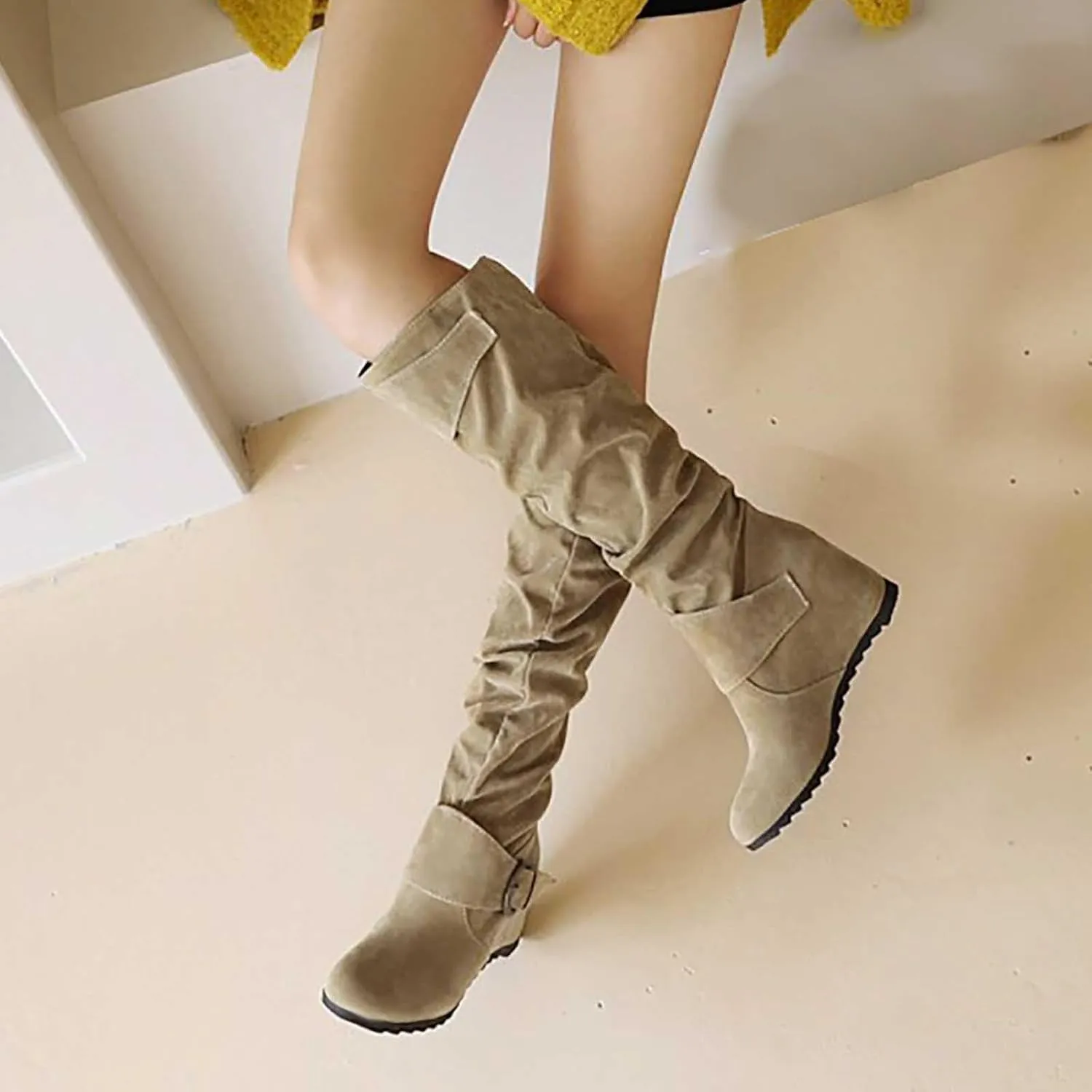 Women's Wedge Heel Knee High Boots High Heel Winter Boots Comfortable Pull on Slouch Buckle Riding Boots