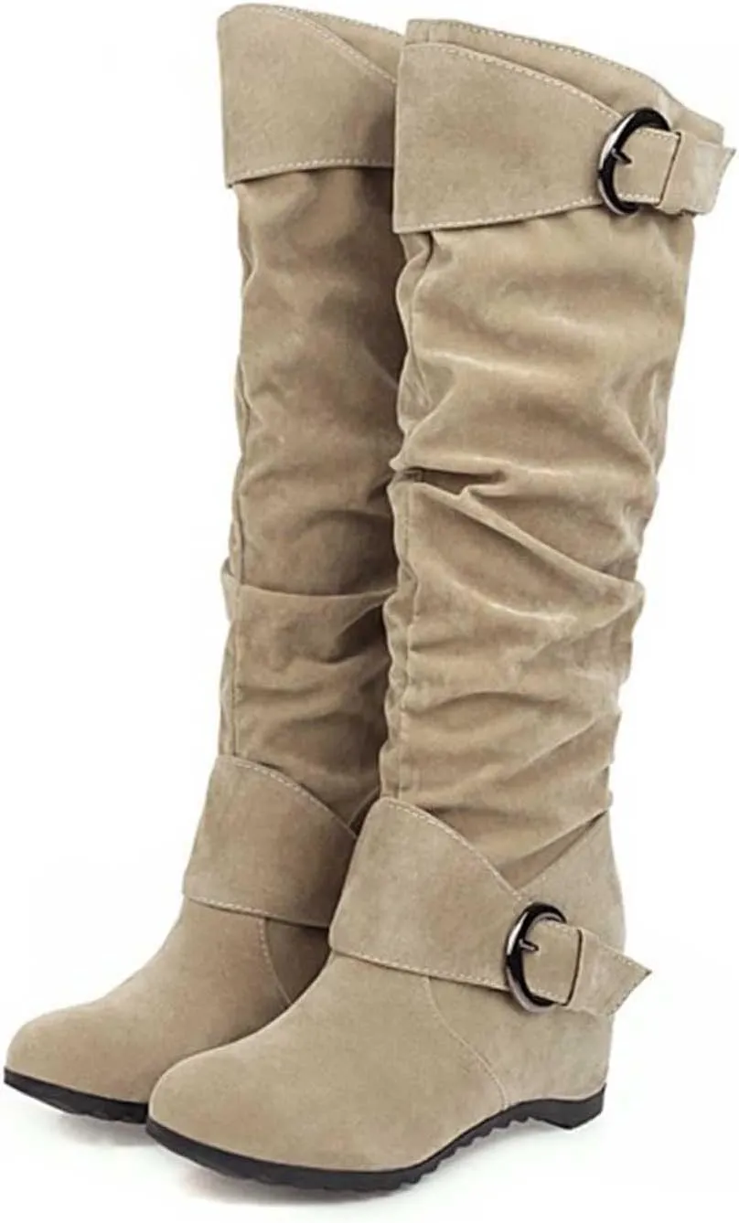 Women's Wedge Heel Knee High Boots High Heel Winter Boots Comfortable Pull on Slouch Buckle Riding Boots