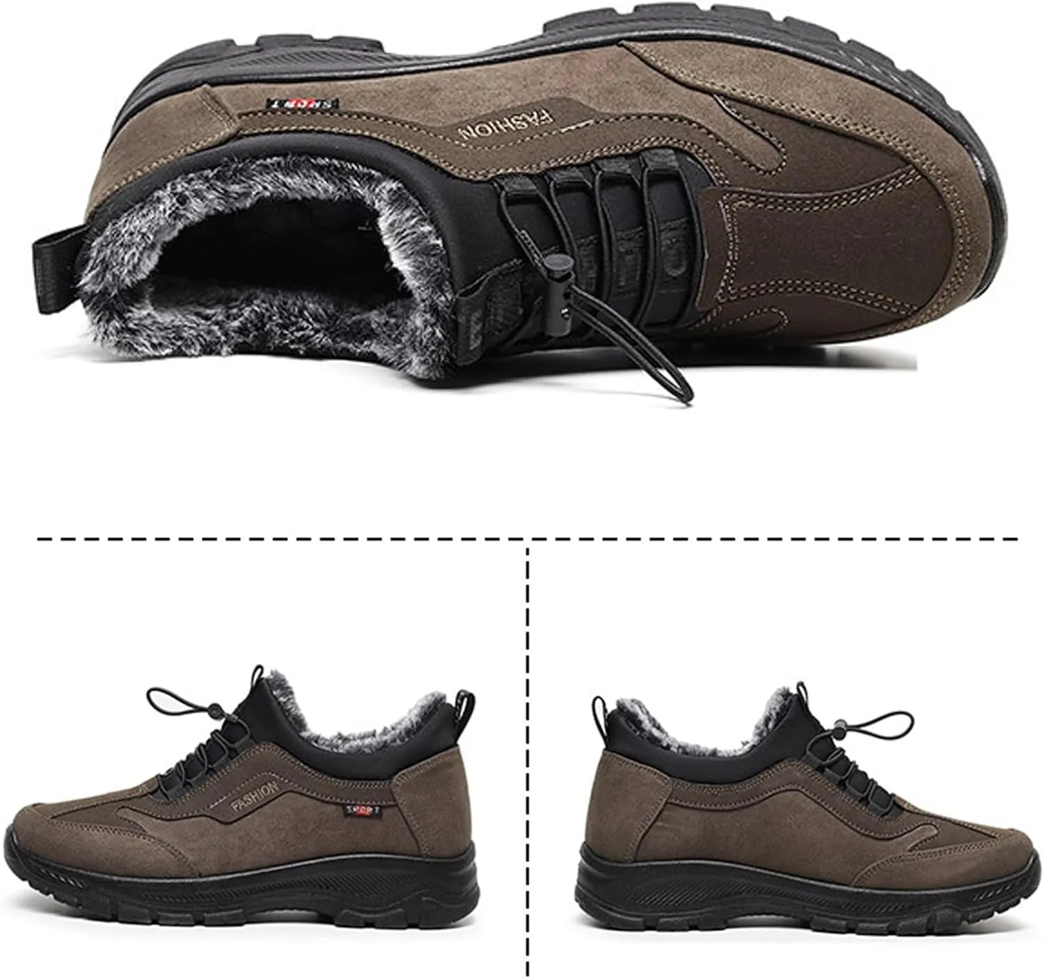 Zeberfi Men's Warm Fur Lined Elastic Band Slip On Snow Boots Winter Casual Trekking Anti-Slip Waterproof Backpacking Booties Lightweight Outdoor Walking Hiking Loafers