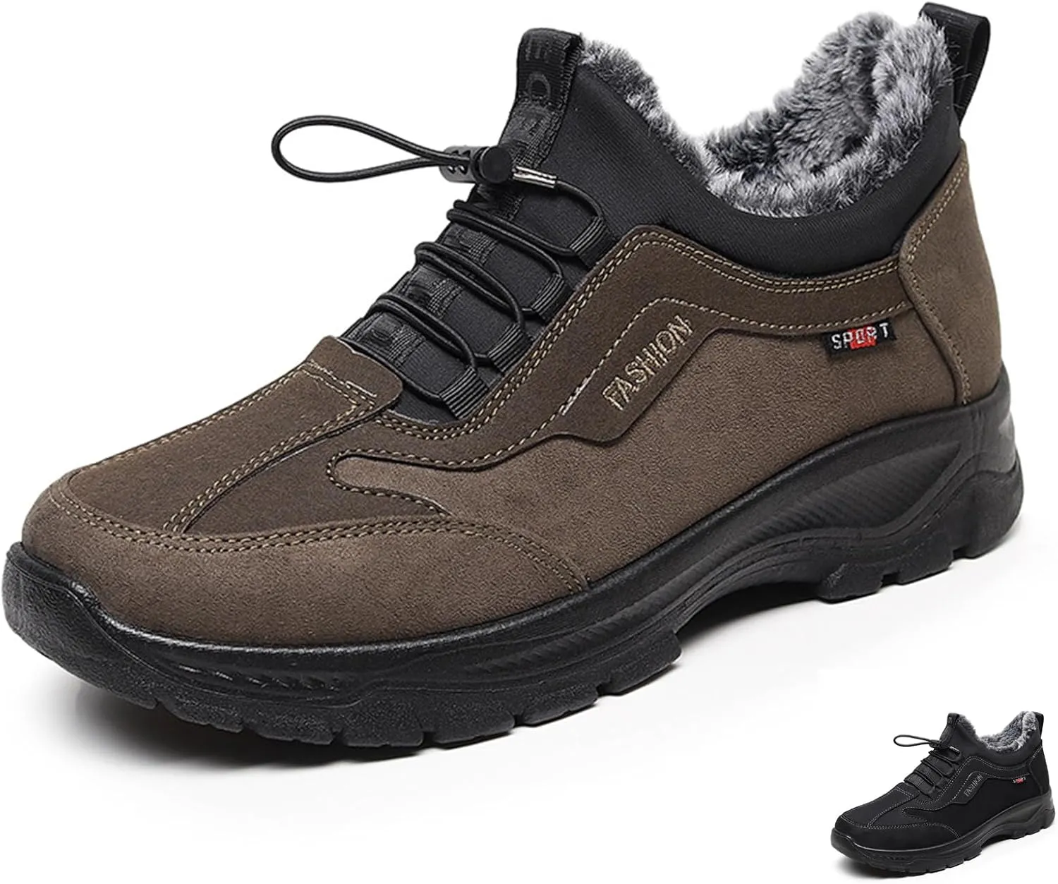 Zeberfi Men's Warm Fur Lined Elastic Band Slip On Snow Boots Winter Casual Trekking Anti-Slip Waterproof Backpacking Booties Lightweight Outdoor Walking Hiking Loafers