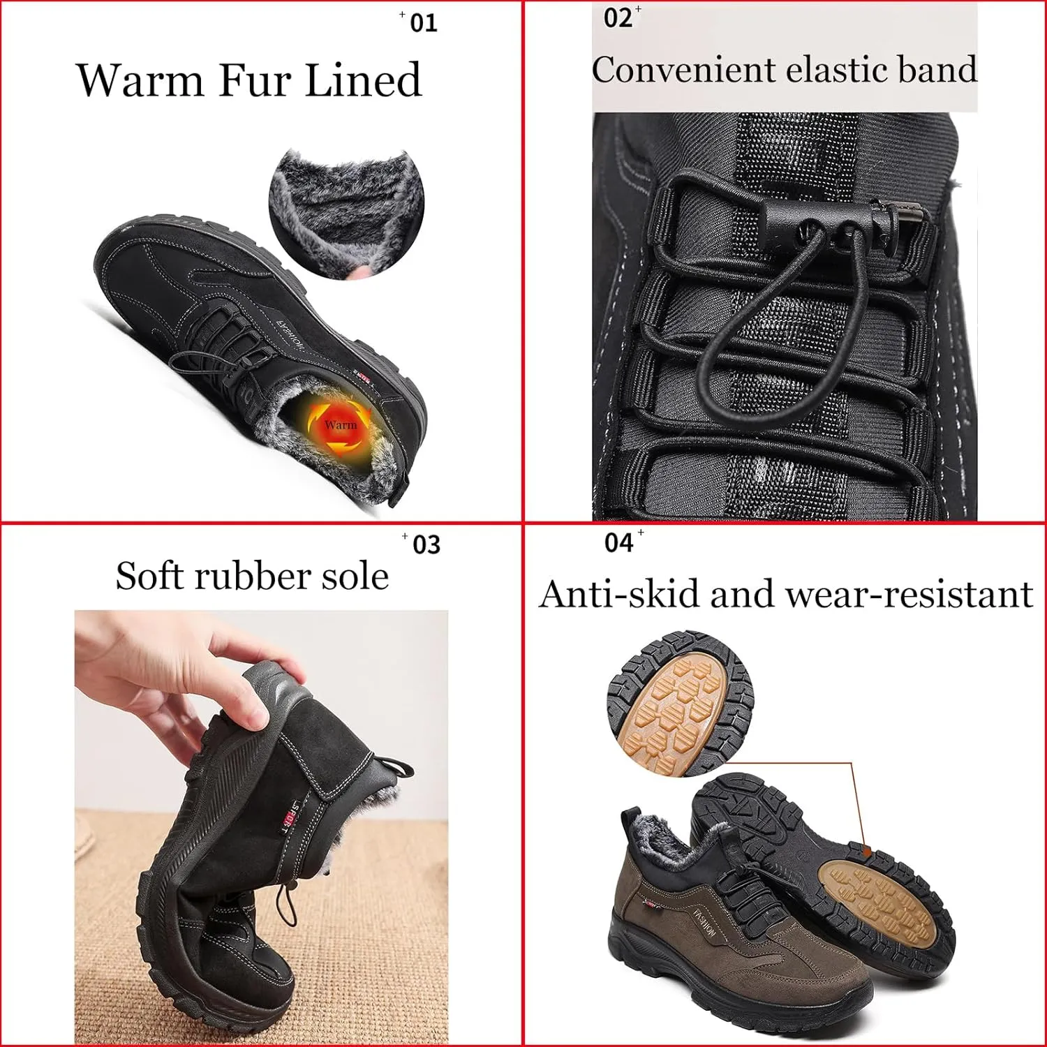 Zeberfi Men's Warm Fur Lined Elastic Band Slip On Snow Boots Winter Casual Trekking Anti-Slip Waterproof Backpacking Booties Lightweight Outdoor Walking Hiking Loafers